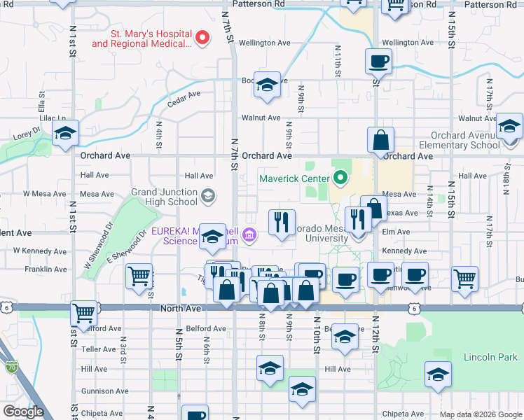 map of restaurants, bars, coffee shops, grocery stores, and more near 804 Texas Avenue in Grand Junction