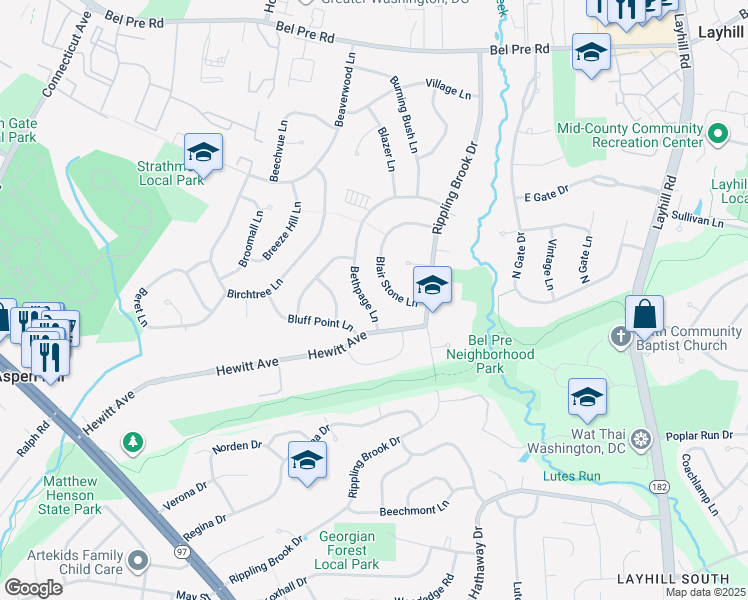 map of restaurants, bars, coffee shops, grocery stores, and more near 13813 Bethpage Lane in Silver Spring