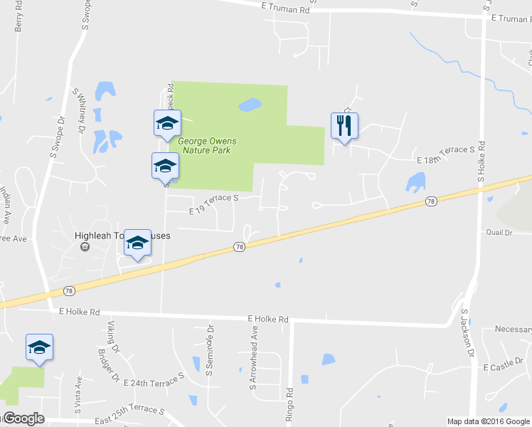 map of restaurants, bars, coffee shops, grocery stores, and more near 1943 South Arrowhead Court in Independence