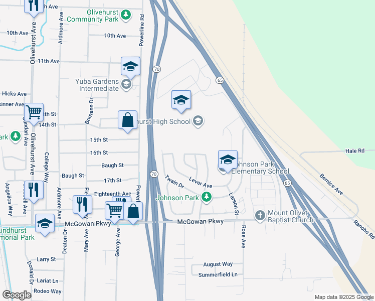 map of restaurants, bars, coffee shops, grocery stores, and more near 4361 Evelyn Drive in Olivehurst