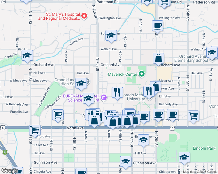 map of restaurants, bars, coffee shops, grocery stores, and more near 804 Texas Avenue in Grand Junction