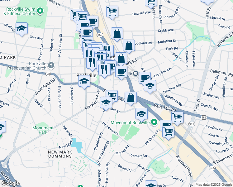 map of restaurants, bars, coffee shops, grocery stores, and more near 112 Monroe Street in Rockville