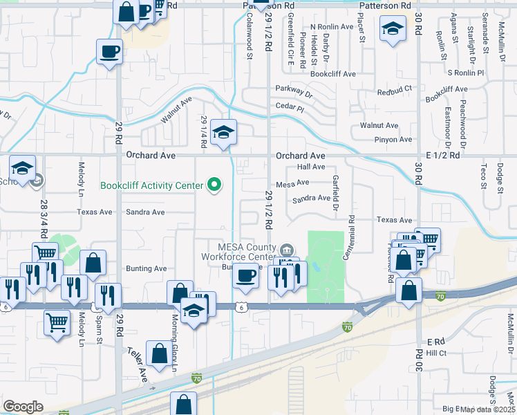 map of restaurants, bars, coffee shops, grocery stores, and more near 2946 North Palace Circle in Grand Junction