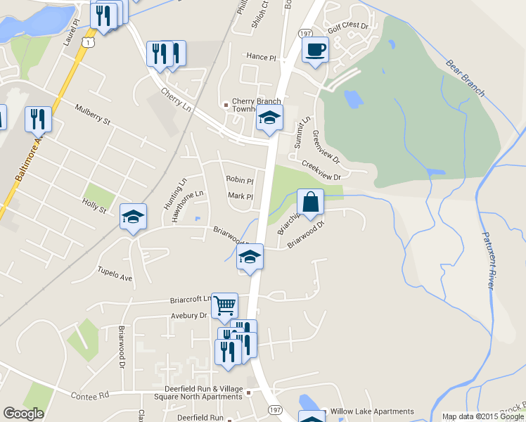 map of restaurants, bars, coffee shops, grocery stores, and more near Rte 197 & Adkins Rd in South Laurel