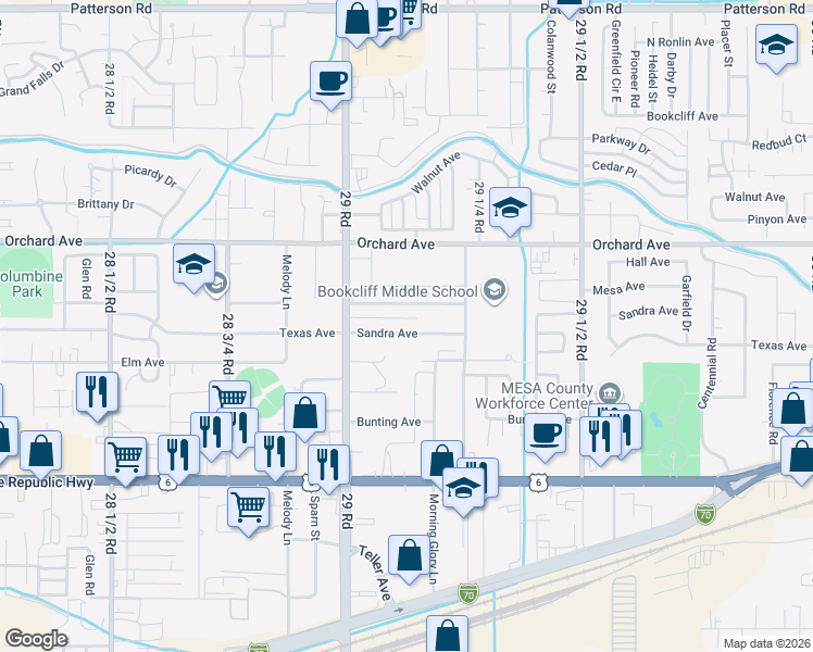 map of restaurants, bars, coffee shops, grocery stores, and more near 2912 Sandra Avenue in Grand Junction