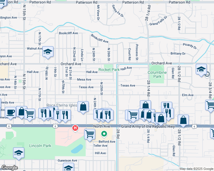 map of restaurants, bars, coffee shops, grocery stores, and more near 2532 Texas Avenue in Grand Junction