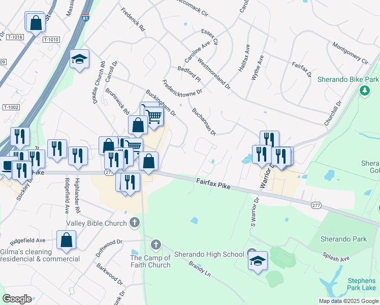 map of restaurants, bars, coffee shops, grocery stores, and more near 231 Georgetowne Court in Stephens City