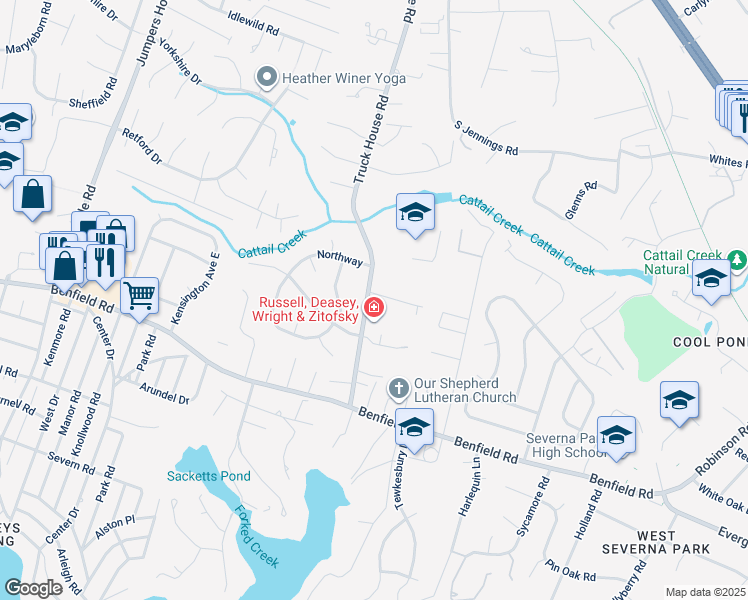map of restaurants, bars, coffee shops, grocery stores, and more near 301 Genesis Way in Severna Park