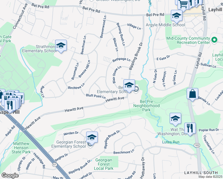 map of restaurants, bars, coffee shops, grocery stores, and more near 13813 Bethpage Lane in Silver Spring