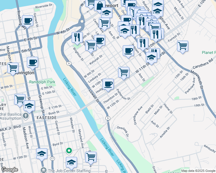 map of restaurants, bars, coffee shops, grocery stores, and more near 427 Hodge Street in Newport
