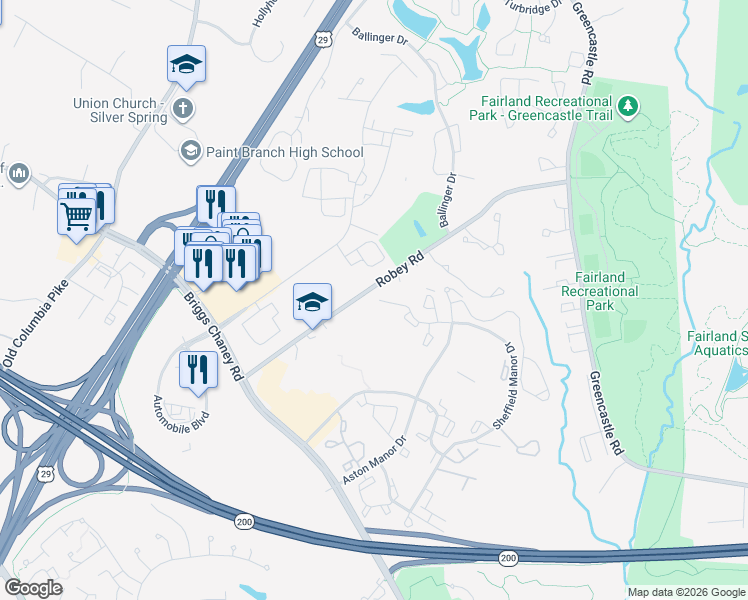 map of restaurants, bars, coffee shops, grocery stores, and more near 3301 Sir Thomas Drive in Silver Spring