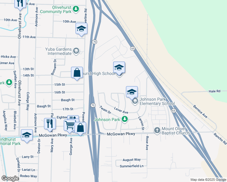 map of restaurants, bars, coffee shops, grocery stores, and more near 4361 Evelyn Drive in Olivehurst
