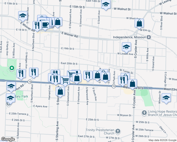 map of restaurants, bars, coffee shops, grocery stores, and more near 2111 South Norwood Avenue in Independence