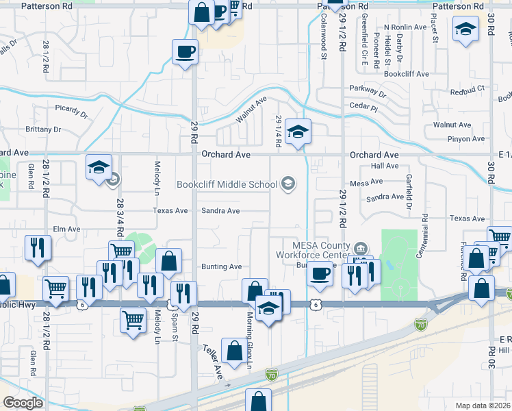 map of restaurants, bars, coffee shops, grocery stores, and more near 2915 1/2 Formay Avenue in Grand Junction