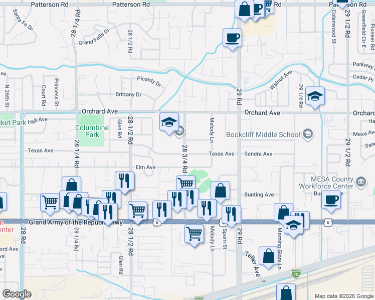 map of restaurants, bars, coffee shops, grocery stores, and more near 2881 Mesa Avenue in Grand Junction