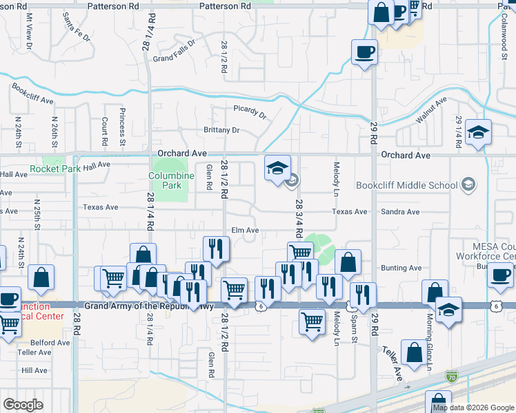 map of restaurants, bars, coffee shops, grocery stores, and more near 534 Normandy Way in Grand Junction
