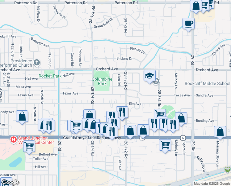 map of restaurants, bars, coffee shops, grocery stores, and more near 2837 1/2 Mesa Avenue in Grand Junction