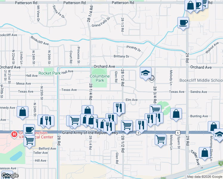 map of restaurants, bars, coffee shops, grocery stores, and more near 2837 1/2 Mesa Avenue in Grand Junction