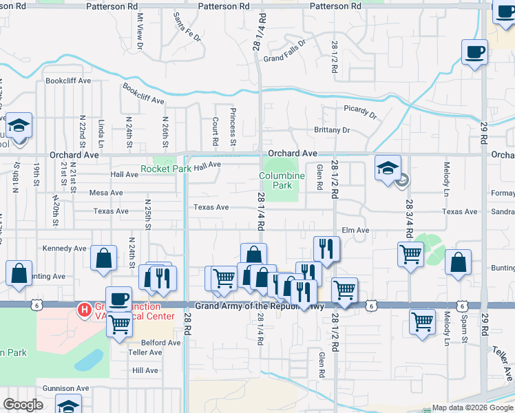 map of restaurants, bars, coffee shops, grocery stores, and more near 537 28 1/4 Road in Grand Junction