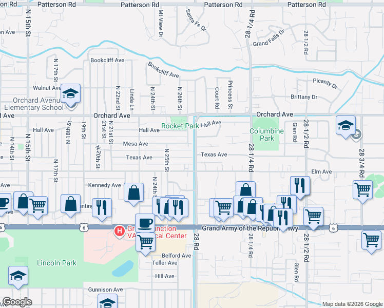 map of restaurants, bars, coffee shops, grocery stores, and more near 2641 Mesa Avenue in Grand Junction