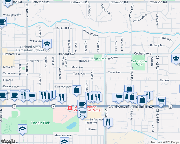 map of restaurants, bars, coffee shops, grocery stores, and more near 2405 Mesa Avenue in Grand Junction
