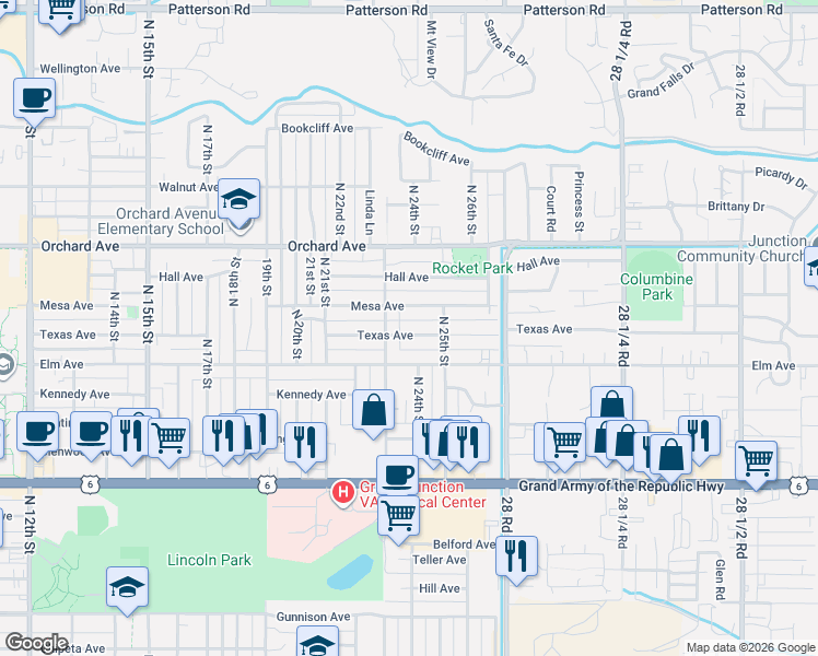 map of restaurants, bars, coffee shops, grocery stores, and more near 2405 Mesa Avenue in Grand Junction