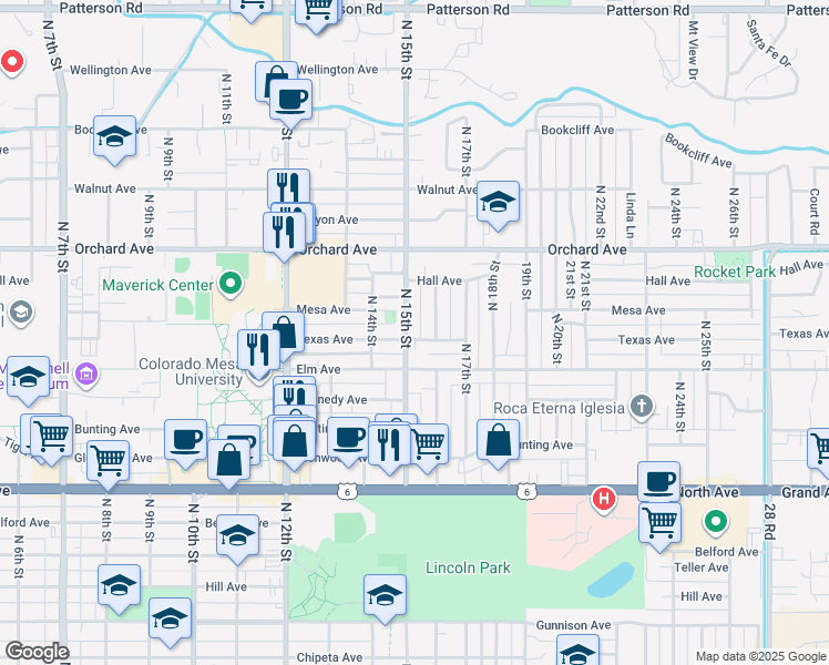 map of restaurants, bars, coffee shops, grocery stores, and more near 1634 North 15th Street in Grand Junction