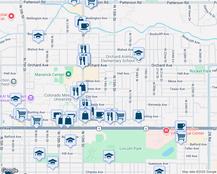 map of restaurants, bars, coffee shops, grocery stores, and more near 1652 North 14th Street in Grand Junction