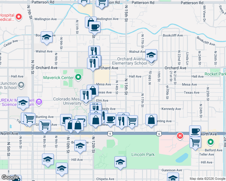 map of restaurants, bars, coffee shops, grocery stores, and more near 1652 North 14th Street in Grand Junction