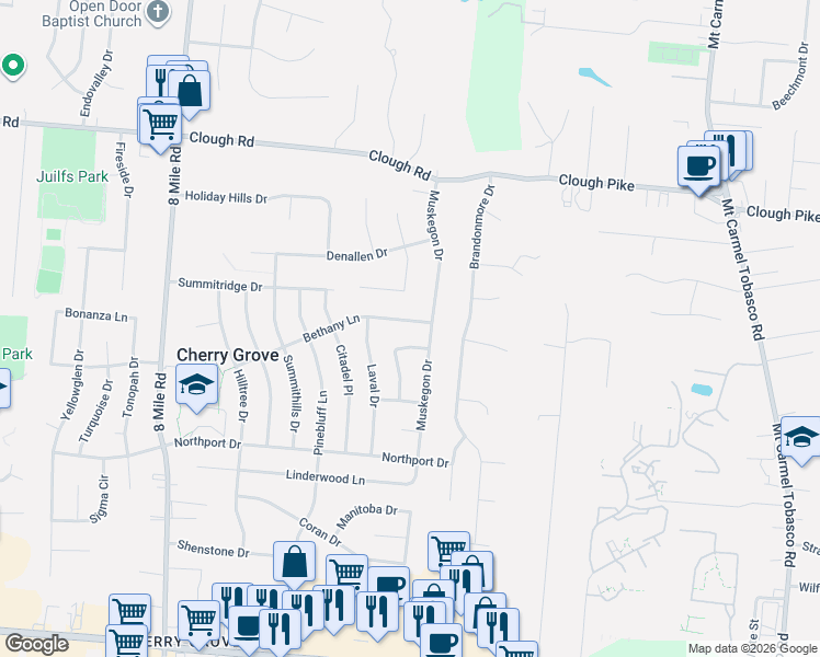 map of restaurants, bars, coffee shops, grocery stores, and more near 8646 Bethany Lane in Cincinnati