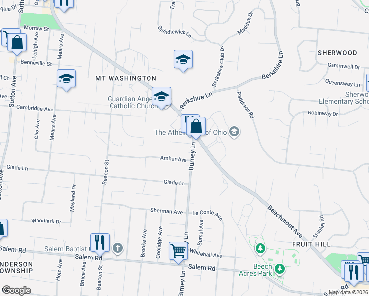 map of restaurants, bars, coffee shops, grocery stores, and more near 1615 Burney Lane in Cincinnati