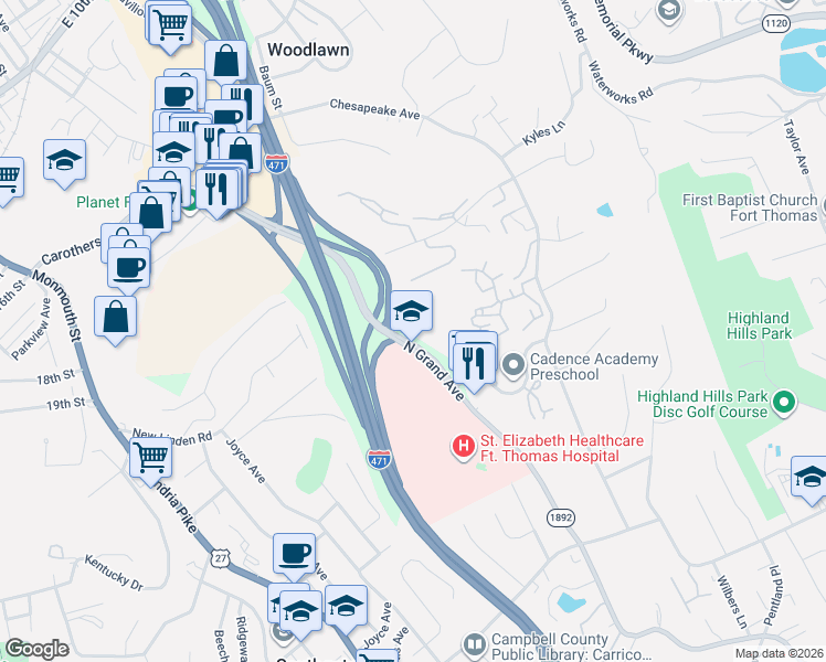 map of restaurants, bars, coffee shops, grocery stores, and more near 1359 North Grand Avenue in Fort Thomas