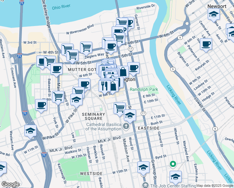 map of restaurants, bars, coffee shops, grocery stores, and more near 727 Madison Avenue in Covington