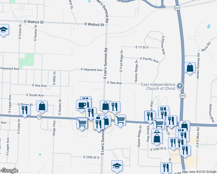 map of restaurants, bars, coffee shops, grocery stores, and more near in Independence