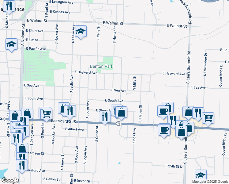 map of restaurants, bars, coffee shops, grocery stores, and more near 822 South Harkless Street in Independence