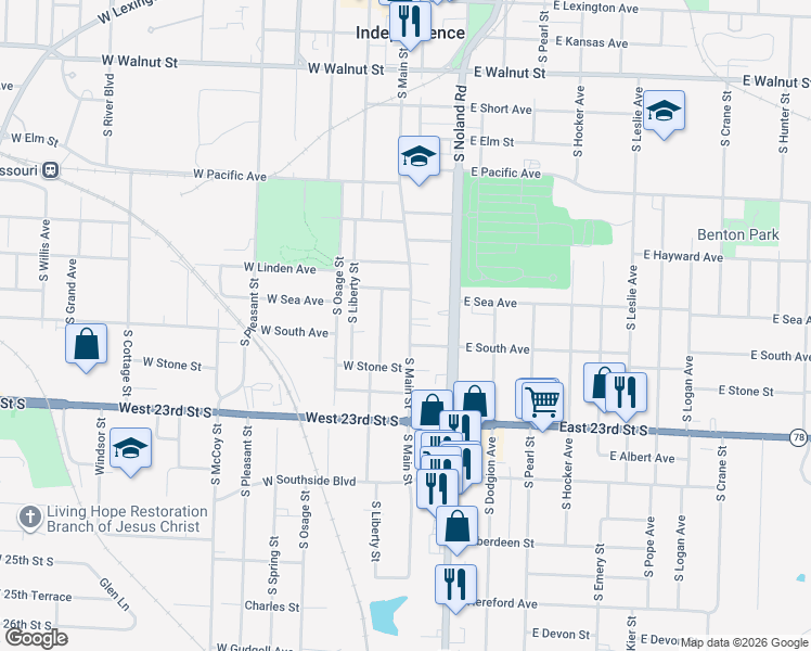 map of restaurants, bars, coffee shops, grocery stores, and more near 923 South Washington Street in Independence