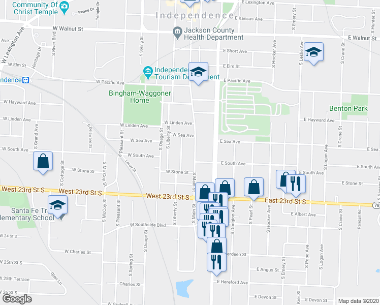 map of restaurants, bars, coffee shops, grocery stores, and more near 923 South Washington Street in Independence