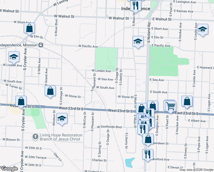 map of restaurants, bars, coffee shops, grocery stores, and more near 405 West Sea Avenue in Independence