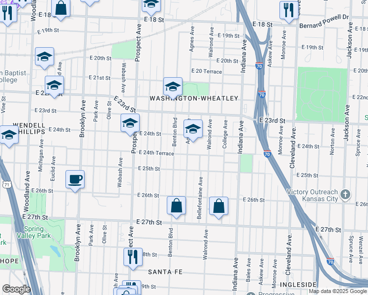 map of restaurants, bars, coffee shops, grocery stores, and more near 2410 Agnes Avenue in Kansas City