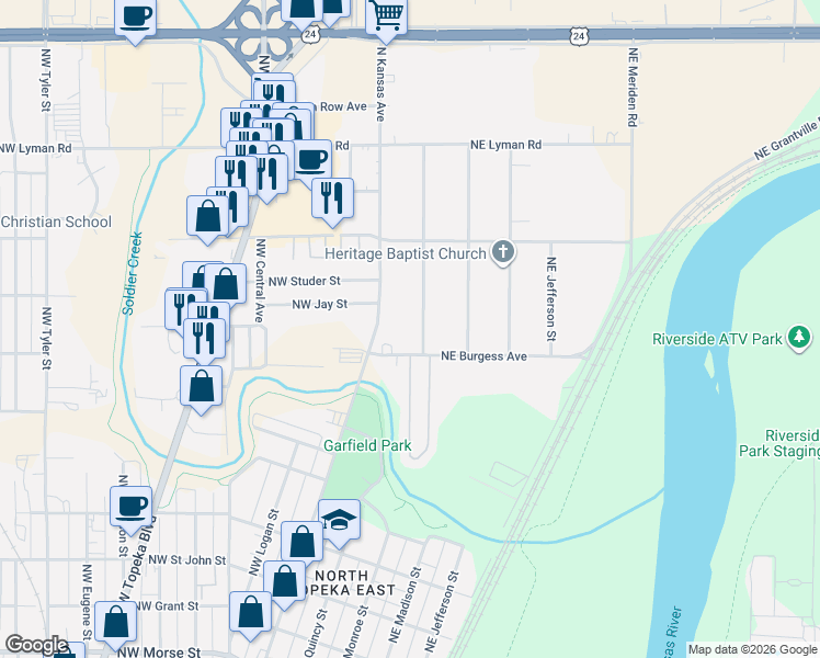 map of restaurants, bars, coffee shops, grocery stores, and more near 1916 North Kansas Avenue in Topeka