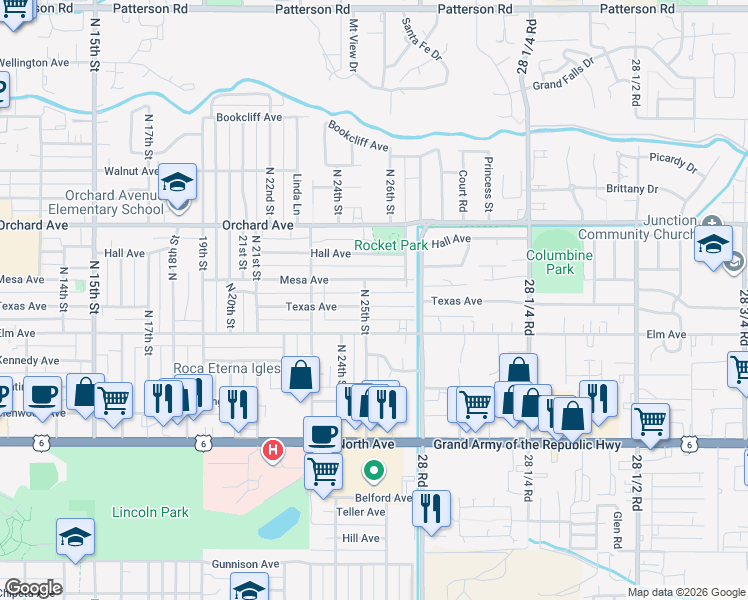 map of restaurants, bars, coffee shops, grocery stores, and more near 2521 Mesa Avenue in Grand Junction