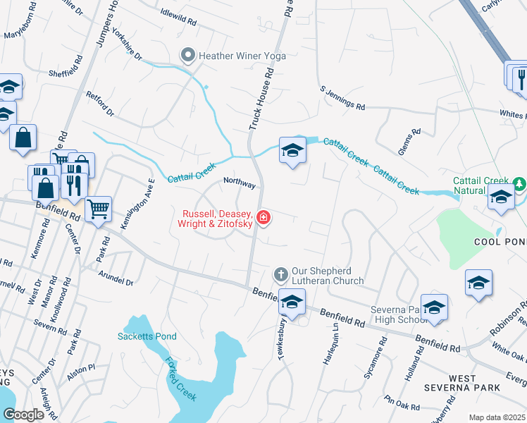 map of restaurants, bars, coffee shops, grocery stores, and more near 301 Genesis Way in Severna Park