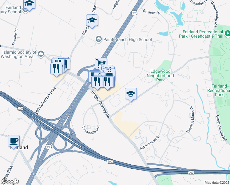map of restaurants, bars, coffee shops, grocery stores, and more near 13820 Castle Blvd in Silver Spring