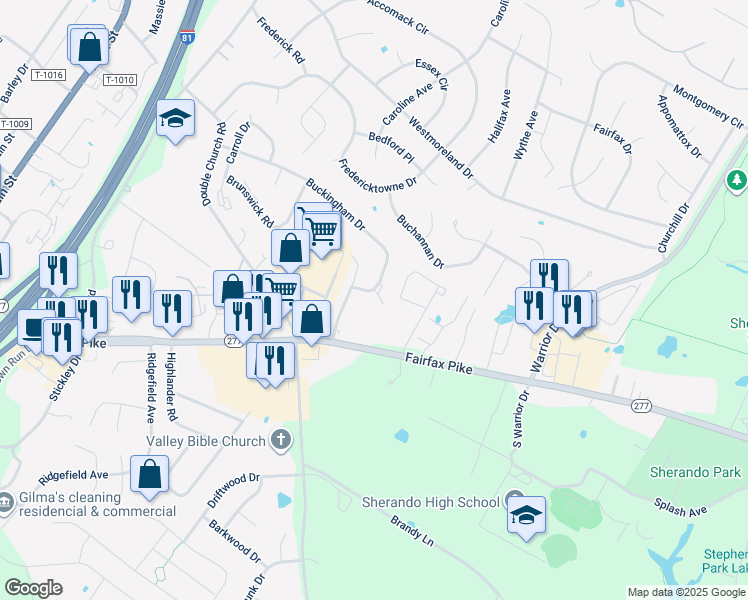 map of restaurants, bars, coffee shops, grocery stores, and more near 505 Buckingham Drive in Stephens City