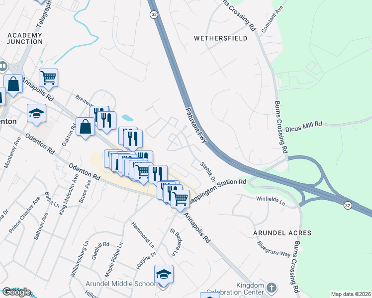 map of restaurants, bars, coffee shops, grocery stores, and more near 610 Rolling Hill Walk in Odenton