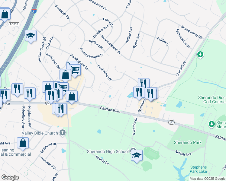 map of restaurants, bars, coffee shops, grocery stores, and more near 611 Georgetowne Court in Stephens City