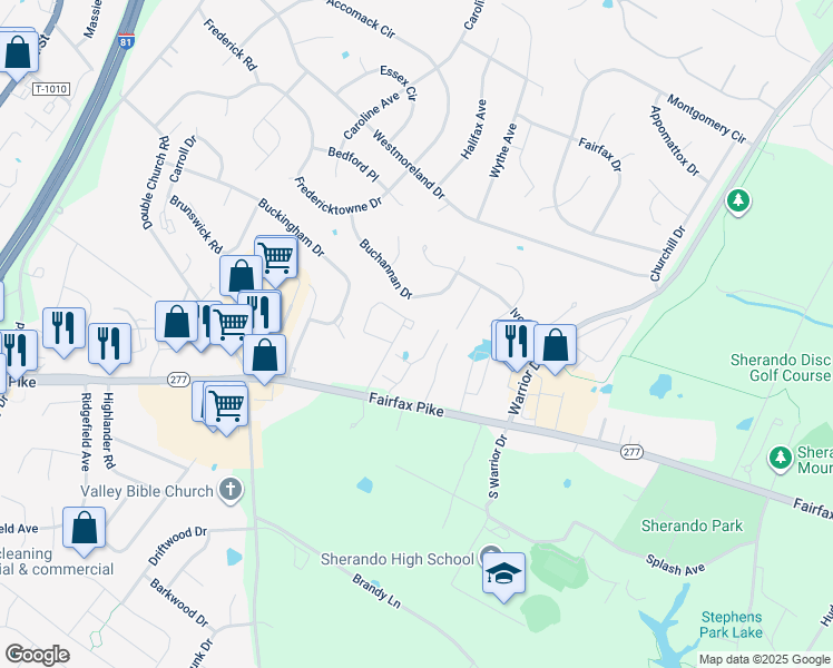map of restaurants, bars, coffee shops, grocery stores, and more near 611 Georgetowne Court in Stephens City