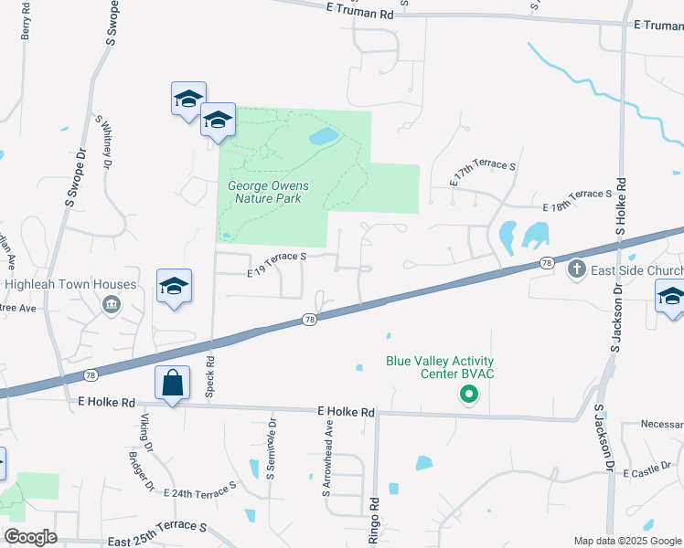 map of restaurants, bars, coffee shops, grocery stores, and more near 1941 South Arrowhead Court in Independence