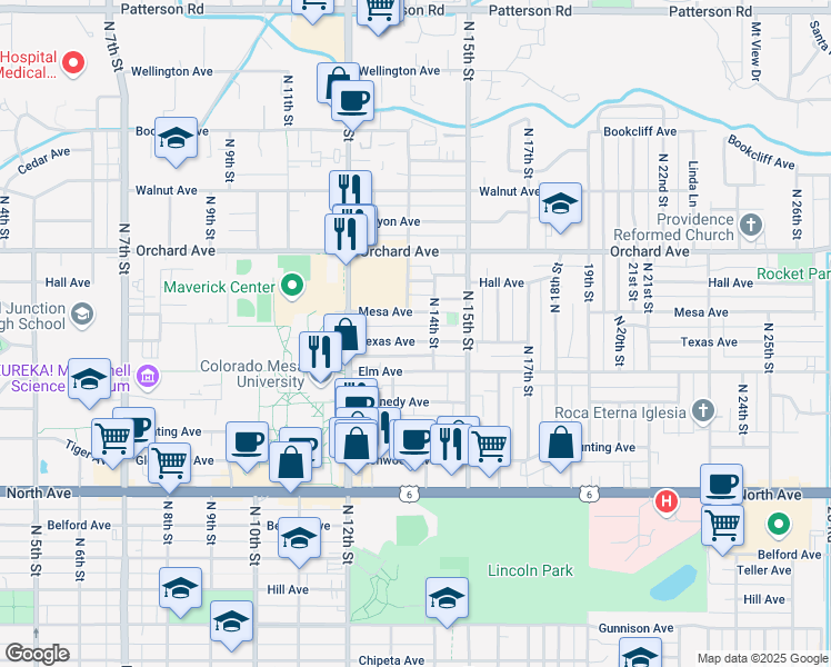 map of restaurants, bars, coffee shops, grocery stores, and more near 1652 North 14th Street in Grand Junction