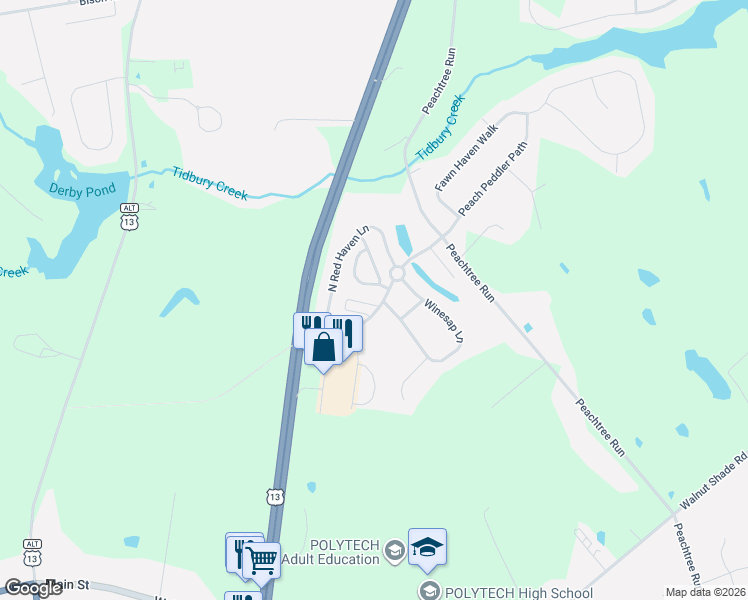 map of restaurants, bars, coffee shops, grocery stores, and more near 39 Harcrest Court in Dover